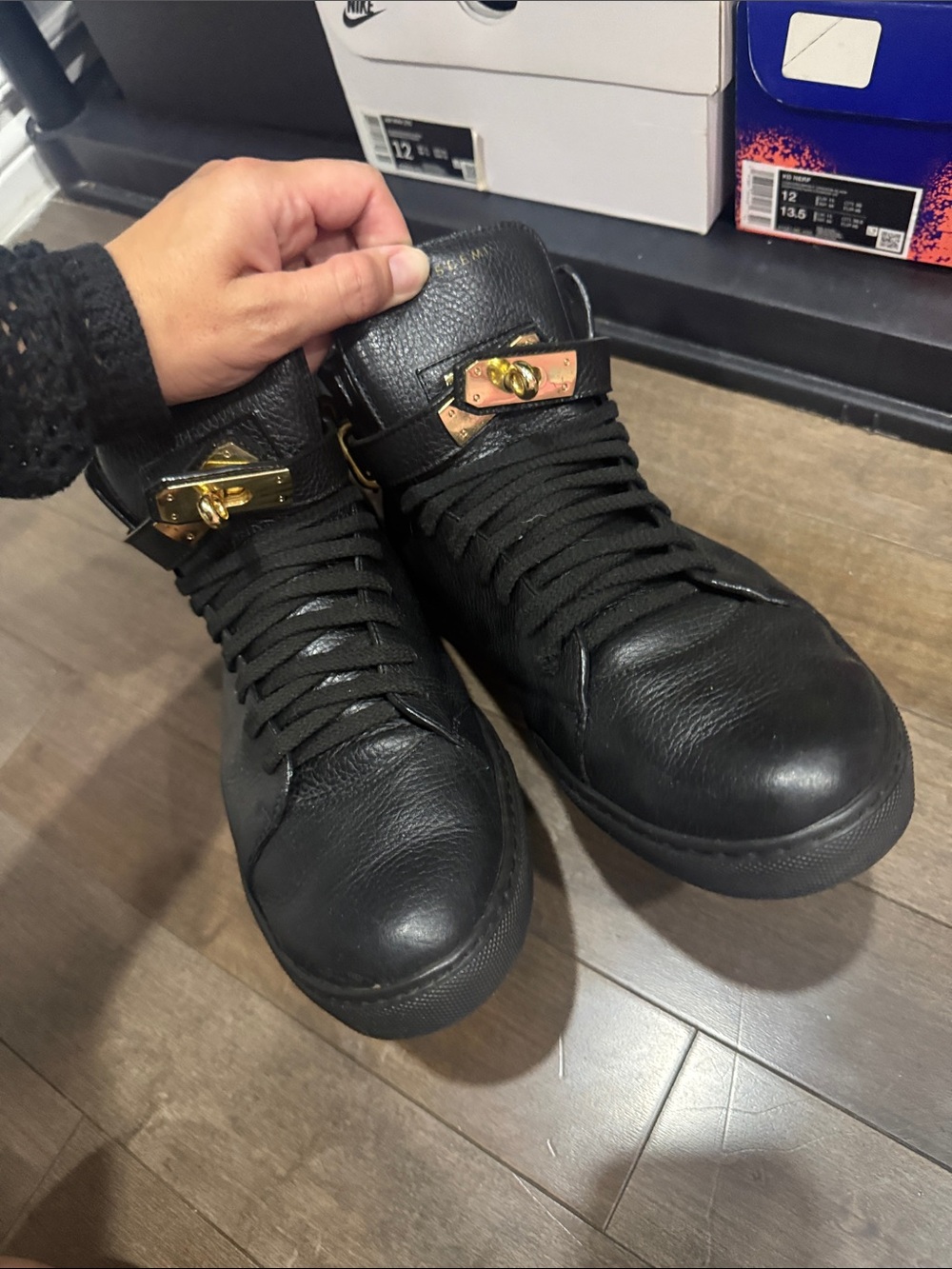 Buscemi Black Leather High-Top Sneakers with Gold Hardware